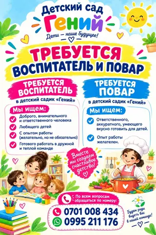 В детский сад «Гений» требуются ВОСПИТАТЕЛЬ и ПОВАР! ‍