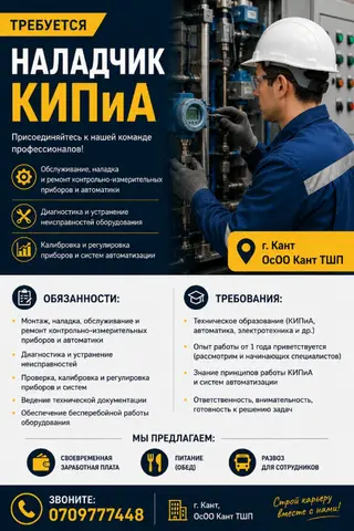 В г. Кант, ОсОО «Кант ТШП» Наладчик КИПиА. Рассматриваем кандидатов