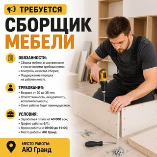 Требуется сборщик мебели, без опыта, от 40 000 сом