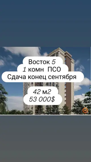 1 комната, 42 м², Восток-5 мкр Элитка, 8 этаж, ПСО (под самоотделку)