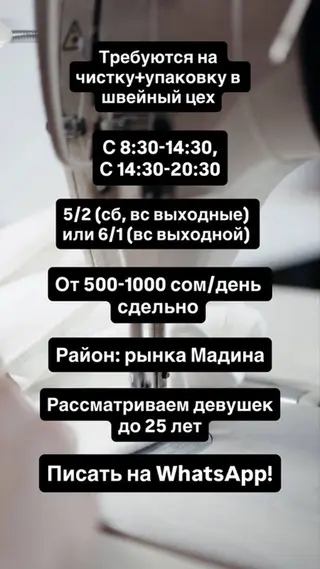 Упаковщик, Kids' Сlothes, Район: Мадина, Оплата: Сдельная, График работы: Шестидневка, Женщина