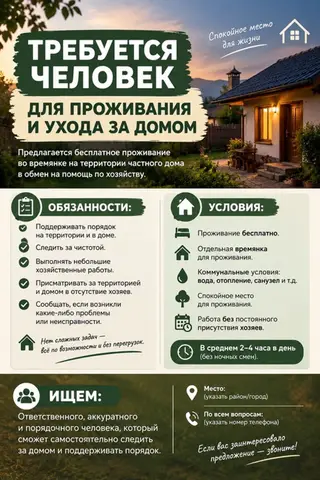 Требуется человек для проживания и ухода за частным домом
