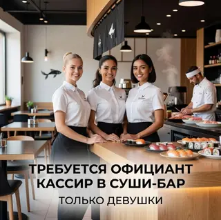 Вакансия: официант-кассир в суши-бар. Обязанности: - встреча и