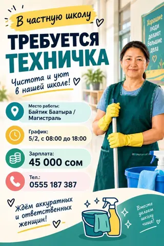 Требуется Уборщик, Школа, График: Пятидневка, Полный рабочий день