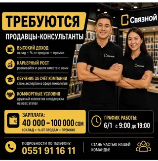Требуется Продавец-консультант в Магазин электроники, График: Шестидневка, % от продаж, Полный рабочий день