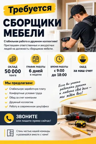 ТРЕБУЮТСЯ СОТРУДНИКИ В МЕБЕЛЬНОЕ ПРОИЗВОДСТВО *Мужчины 25–40