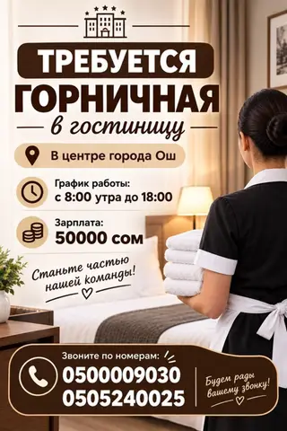 Вакансия: горничная в гостиницу - Локация: центр города Ош - График