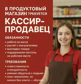 Требуется кассир-продавец в продуктовый магазин