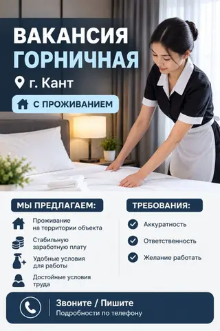 Требуется горничная в Кант, с проживанием