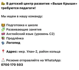 В детский центр развития «Выше Крыши» требуются педагоги. Ищем