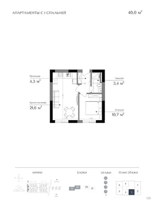 1 комната, 40 м², 3 этаж, ПСО (под самоотделку)