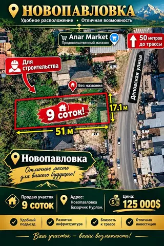 Продам участок! 9сот. участок в Новопавловке г.Бишкек цена 119т$ Всего